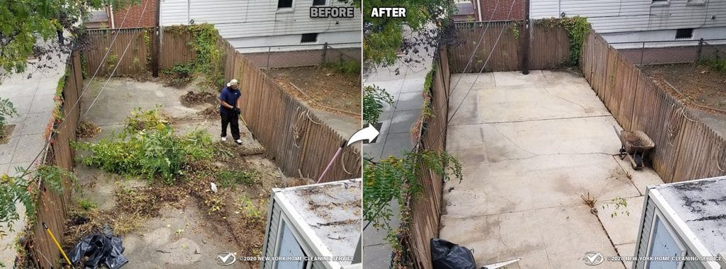 Professional Yard Cleanup in NY: Before and after images showcasing a backyard's transformation through decluttering and junk removal.