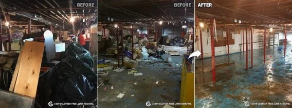 "Before and After" residential interior transformation: a cluttered house with a spacious attic undergoing decluttering and junk removal for a revitalized living space.